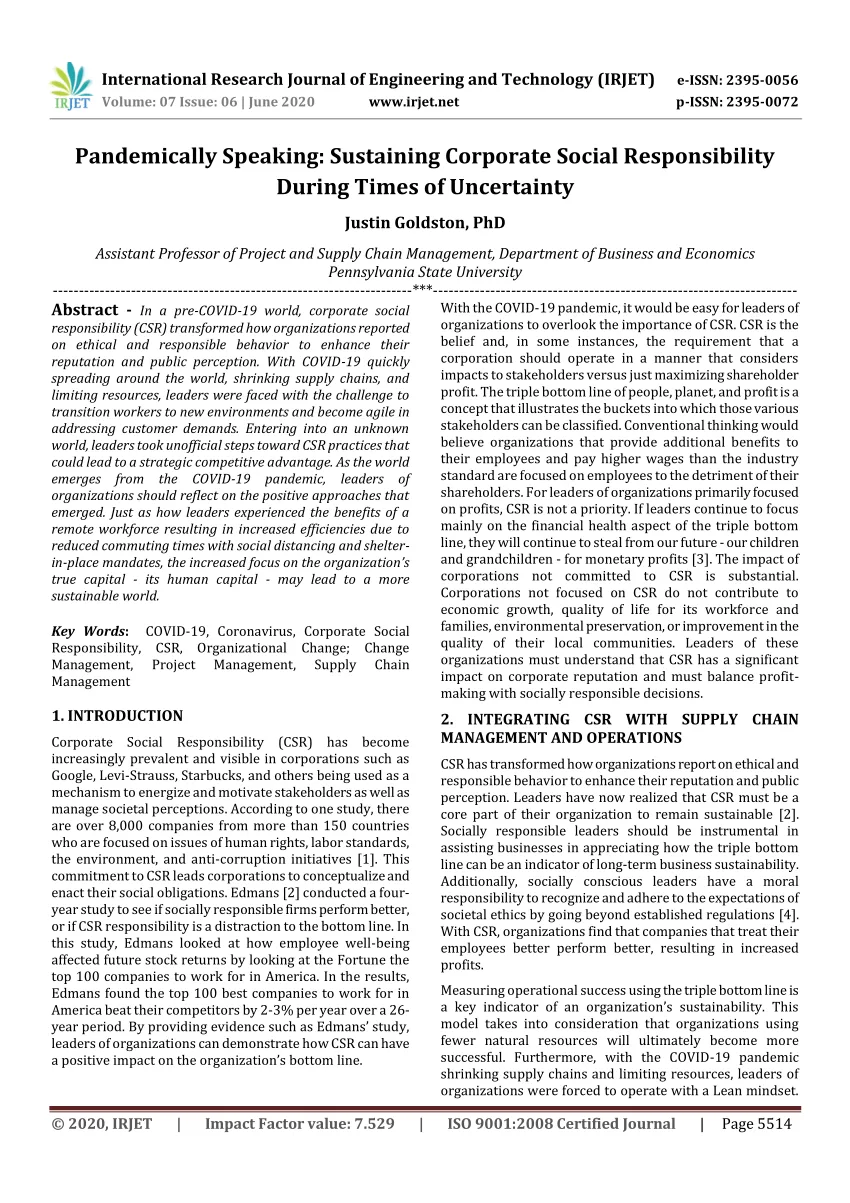 Pandemically Speaking: Sustaining Corporate Social Responsibility During Times of Uncertainty